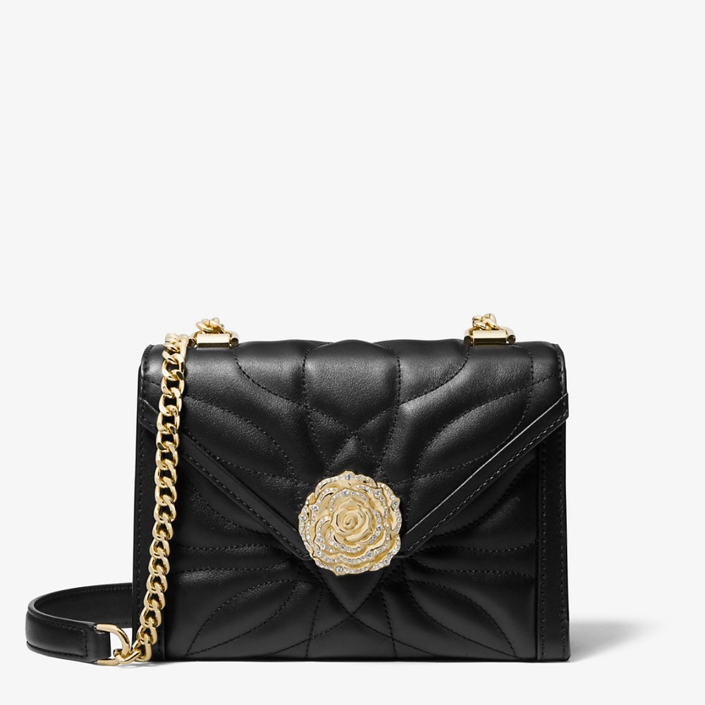 Whitney Small Petal Quilted Leather Convertible Shoulder Bag- Black